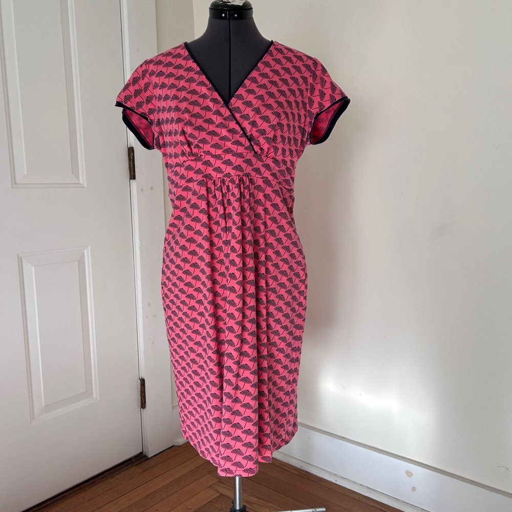 Boden Coral and Navy Patterned Faux Wrap Dress